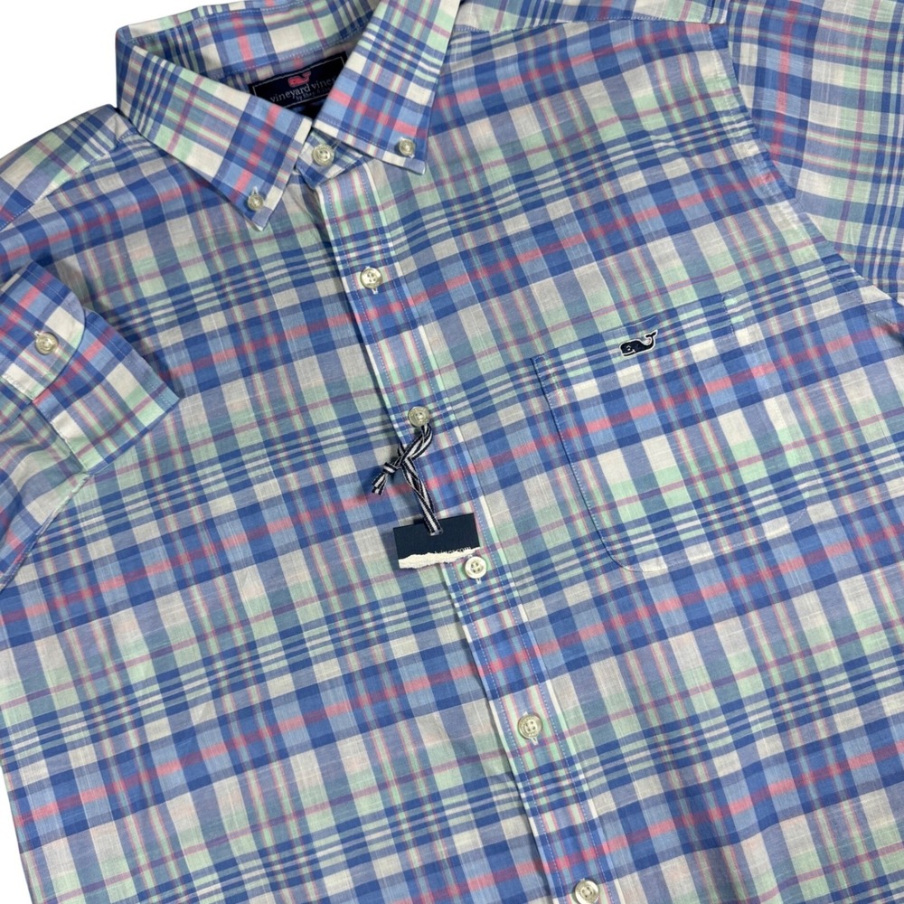 Vineyard Vines Slim Fit Tucker Shirt Mens XL Blue Pink Plaid Long Sleeve NEW